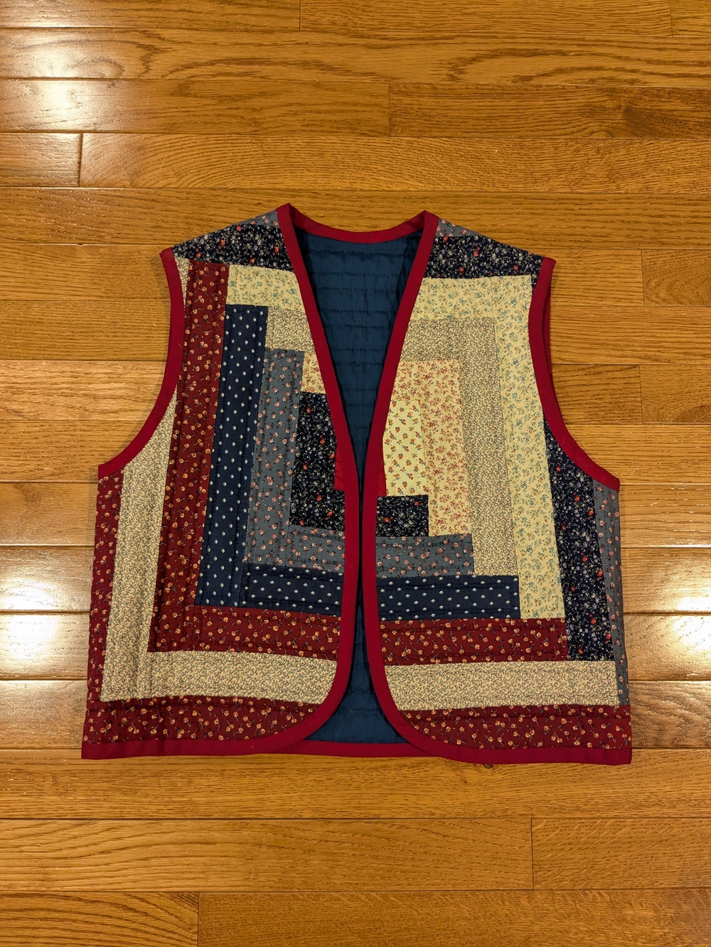Quilted Patchwork Vest Upcycled From A Handmade Quilt- Red Navy Floral